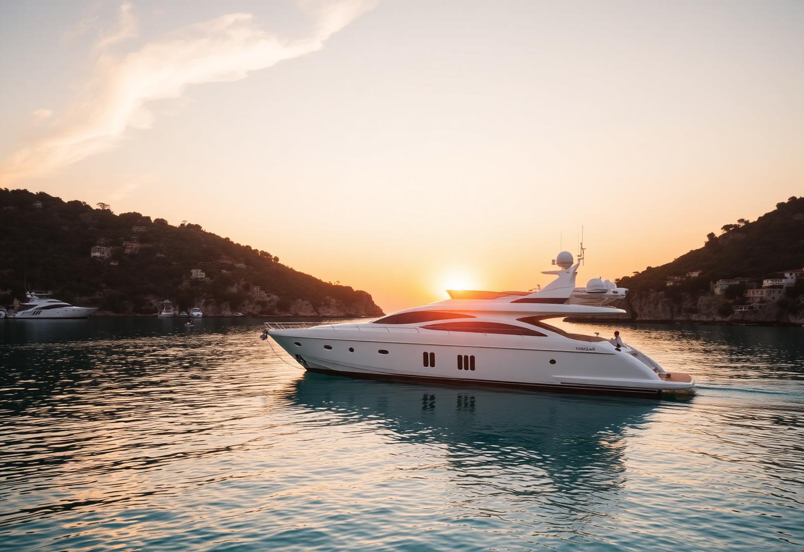 Luxury yacht at sunset on the French Riviera